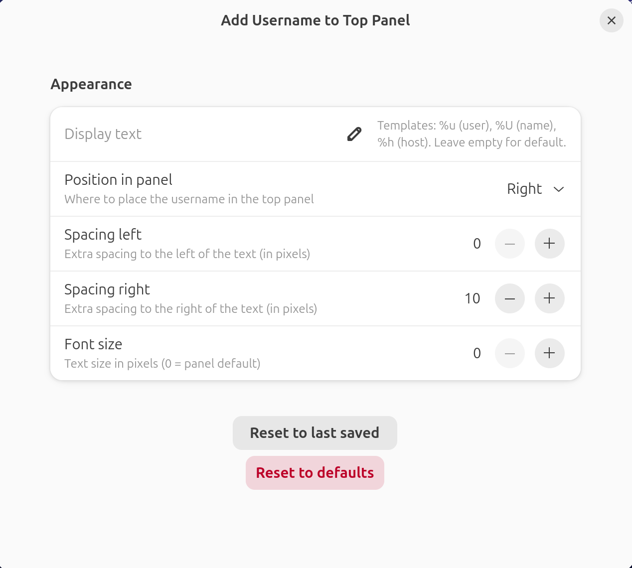 Add Username to Top Panel preferences window showing display text, position, spacing, and font size settings